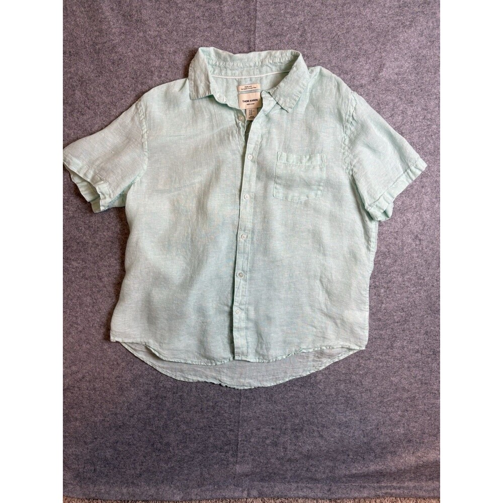 Thom Aaron Mens Linen Short Sleeve Button Up Shirt XL Mint Green Casual